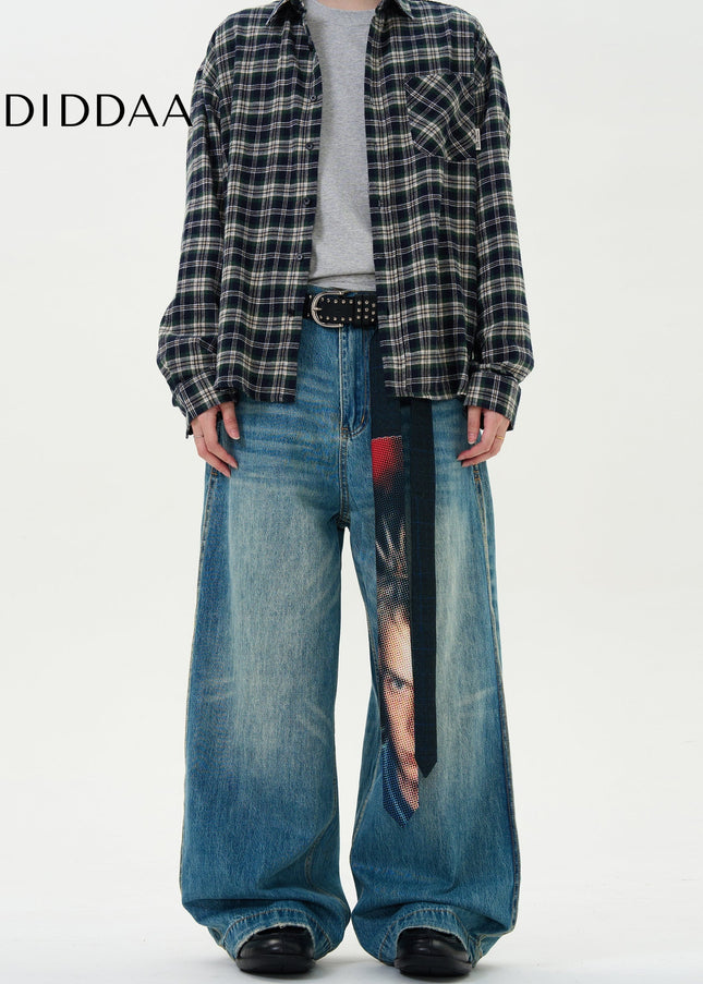 Light Blue Baggy Washed Jeans for Men Street Fashion - Men’s Jeans