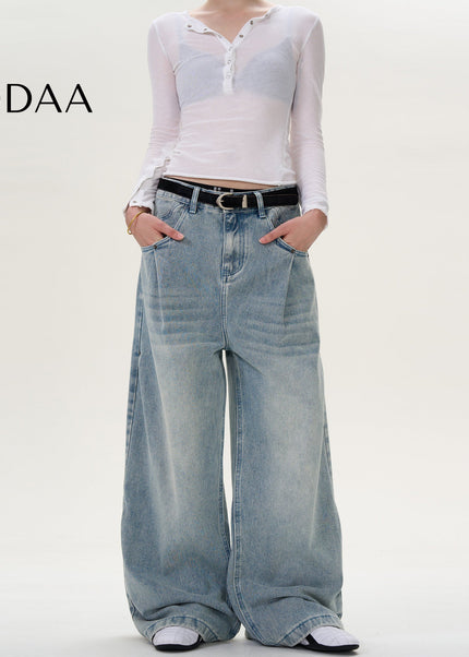 Light Blue Casual Loose Fit Wide Leg Jeans - S / Mid Blue - Men’s Jeans
