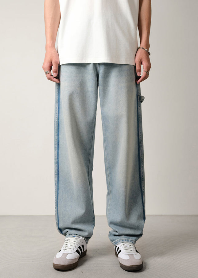 Light Blue Color-Block Loose Drape Straight-Leg Jeans - 28 / Light Blue - Men’s Jeans