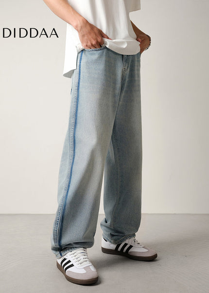 Light Blue Color-Block Loose Drape Straight-Leg Jeans - Men’s Jeans