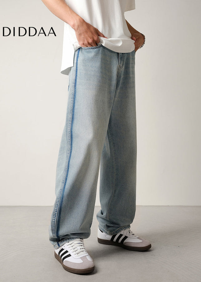 Light Blue Color-Block Loose Drape Straight-Leg Jeans - Men’s Jeans