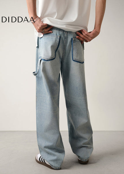Light Blue Color-Block Loose Drape Straight-Leg Jeans - Men’s Jeans
