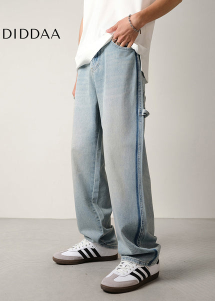 Light Blue Color-Block Loose Drape Straight-Leg Jeans - Men’s Jeans