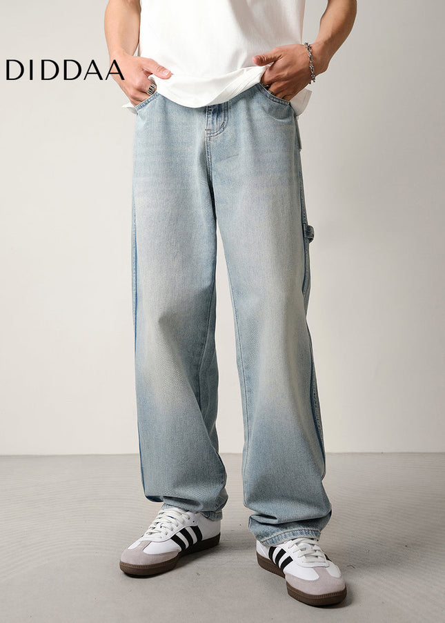 Light Blue Color-Block Loose Drape Straight-Leg Jeans - Men’s Jeans
