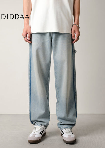 Light Blue Color-Block Loose Drape Straight-Leg Jeans - Men’s Jeans