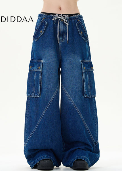 Light Blue Deconstructed Wide Leg Multi Pocket Jeans - Men’s Jeans