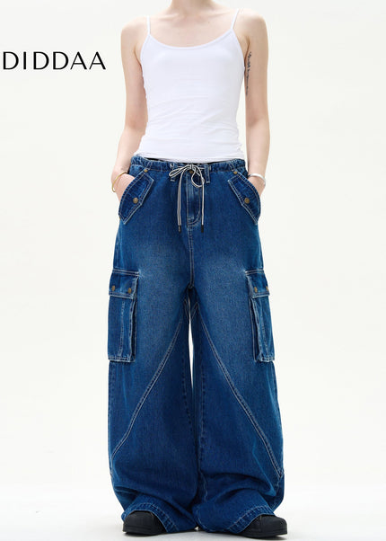 Light Blue Deconstructed Wide Leg Multi Pocket Jeans - Men’s Jeans