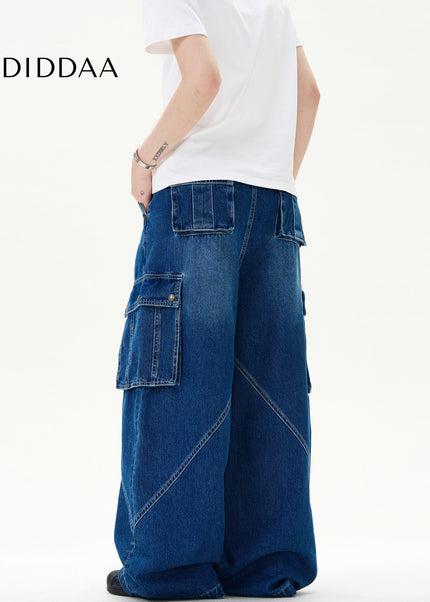 Light Blue Deconstructed Wide Leg Multi Pocket Jeans - Men’s Jeans