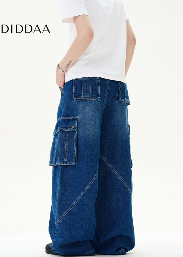 Light Blue Deconstructed Wide Leg Multi Pocket Jeans - Men’s Jeans