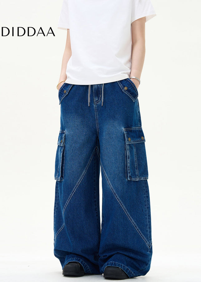 Light Blue Deconstructed Wide Leg Multi Pocket Jeans - Men’s Jeans