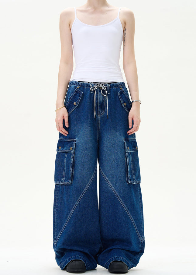 Light Blue Deconstructed Wide Leg Multi Pocket Jeans - Men’s Jeans