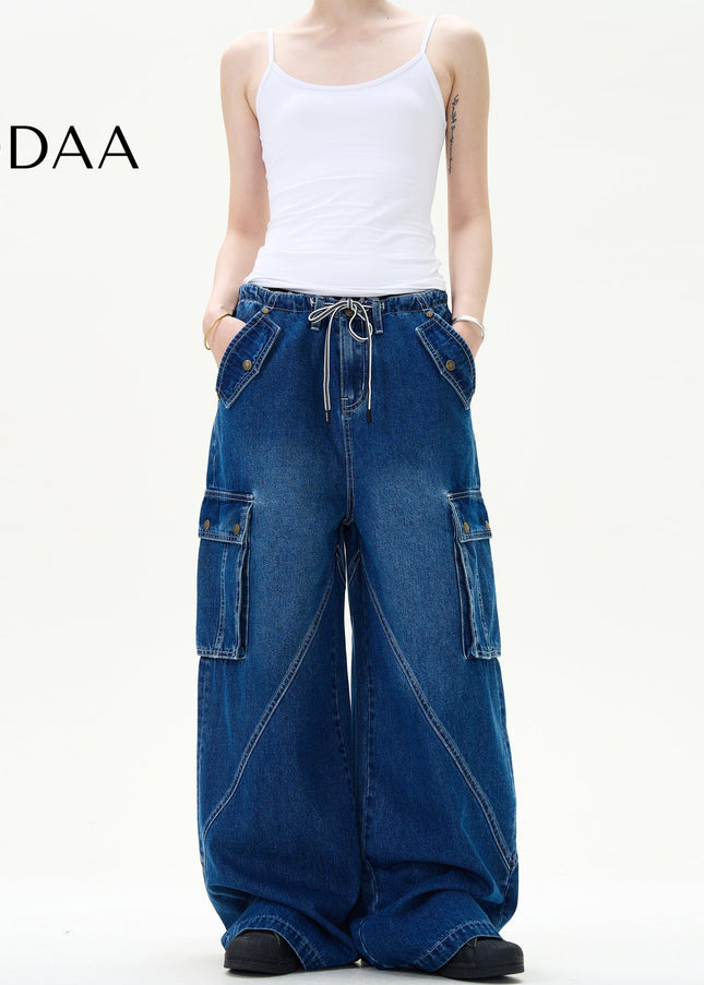 Light Blue Deconstructed Wide Leg Multi Pocket Jeans - S / Dark Blue - Men’s Jeans