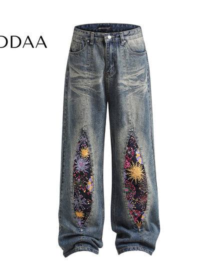 Light Blue Distressed Embroidered Flared Jeans - Dark Blue / S - Men’s Jeans