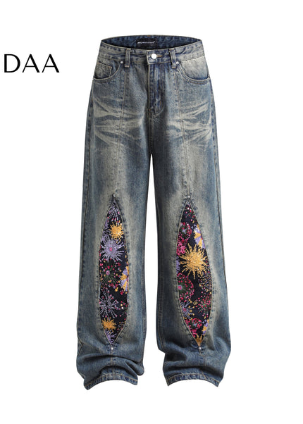 Light Blue Distressed Embroidered Flared Jeans - Dark Blue / S - Men’s Jeans