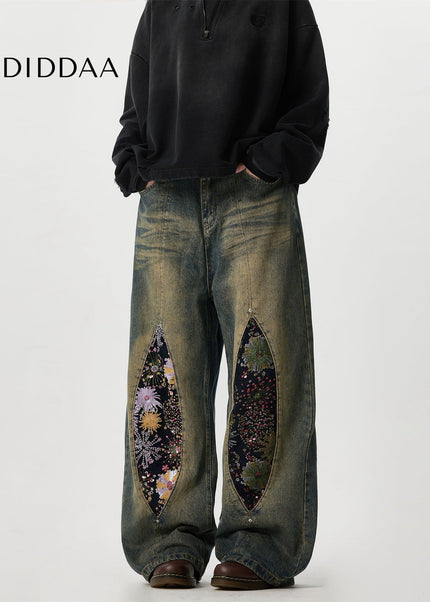 Light Blue Distressed Embroidered Flared Jeans - Men’s Jeans