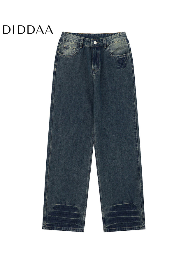 Light Blue Distressed Embroidered Straight Leg Jeans - Men’s Jeans