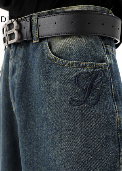 Light Blue Distressed Embroidered Straight Leg Jeans - Men’s Jeans