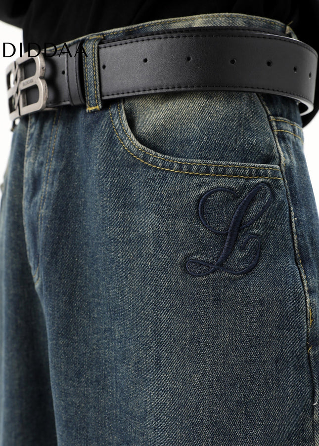 Light Blue Distressed Embroidered Straight Leg Jeans - Men’s Jeans