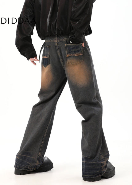 Light Blue Distressed Embroidered Straight Leg Jeans - Men’s Jeans