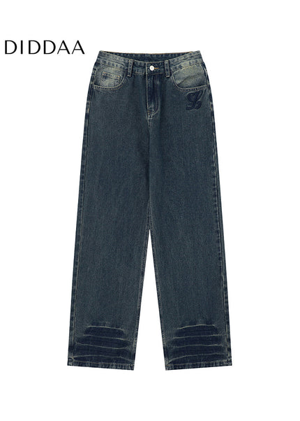 Light Blue Distressed Embroidered Straight Leg Jeans - Men’s Jeans