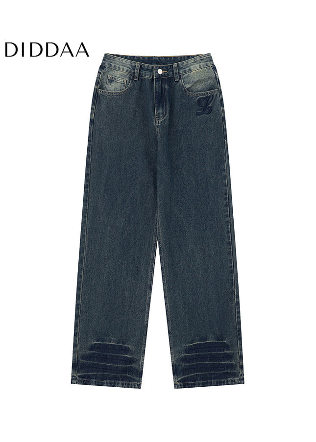 Light Blue Distressed Embroidered Straight Leg Jeans - Men’s Jeans