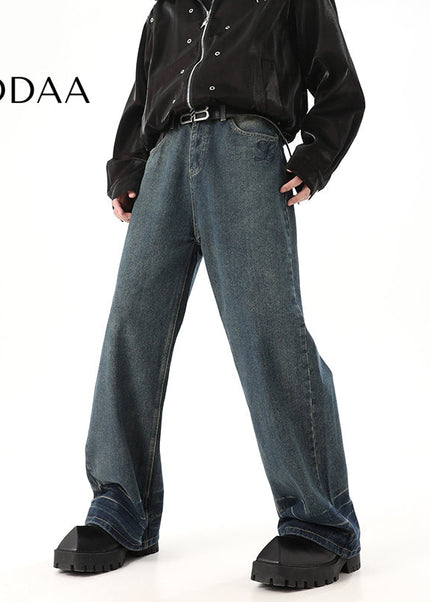 Light Blue Distressed Embroidered Straight Leg Jeans - S / Blue - Men’s Jeans