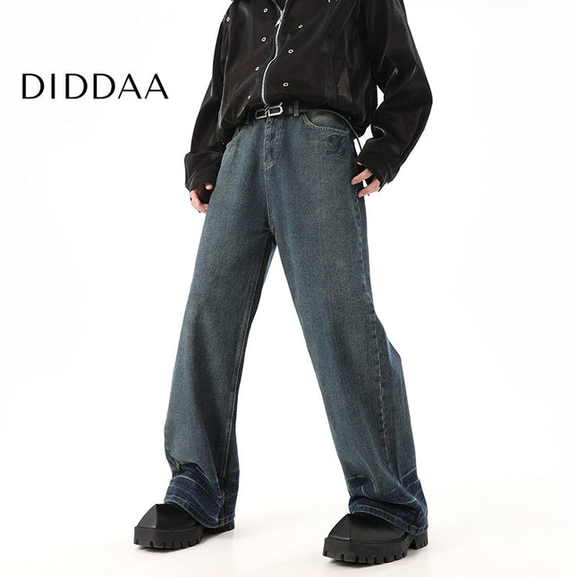 Light Blue Distressed Embroidered Straight Leg Jeans - S / Blue - Men’s Jeans