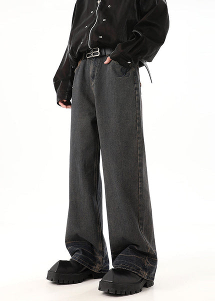 Light Blue Distressed Embroidered Straight Leg Jeans - S / Vintage Blue - Men’s Jeans