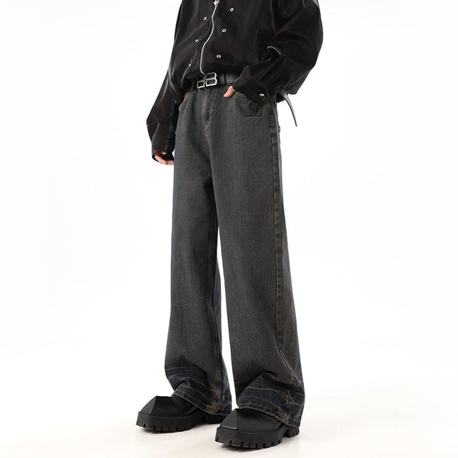 Light Blue Distressed Embroidered Straight Leg Jeans - S / Vintage Blue - Men’s Jeans