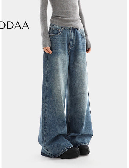 Light Blue Distressed High Waist Wide-Leg Jeans - S / Dark Blue - Women’s Jeans