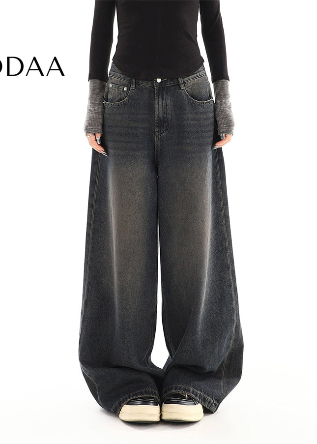 Light Blue Distressed High-Waisted Wide-Leg Jeans - S / Grey - Women’s Jeans