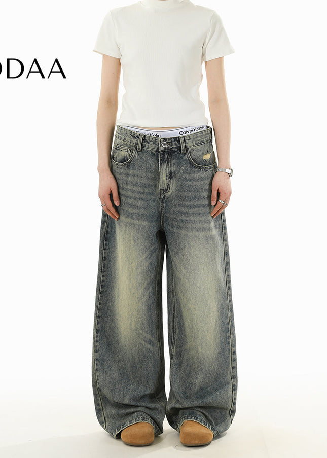 Light Blue Distressed Loose Fit Wide Leg Jeans - S / Vintage Blue - Men’s Jeans
