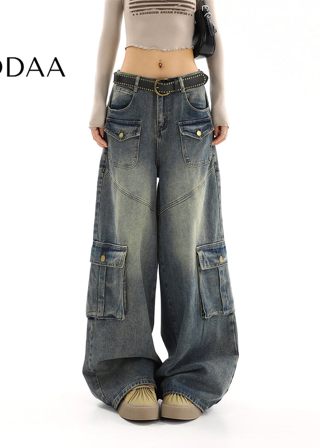 Light Blue Distressed Loose Multi-Pocket Cargo Jeans - S / Vintage Blue - Women’s Jeans