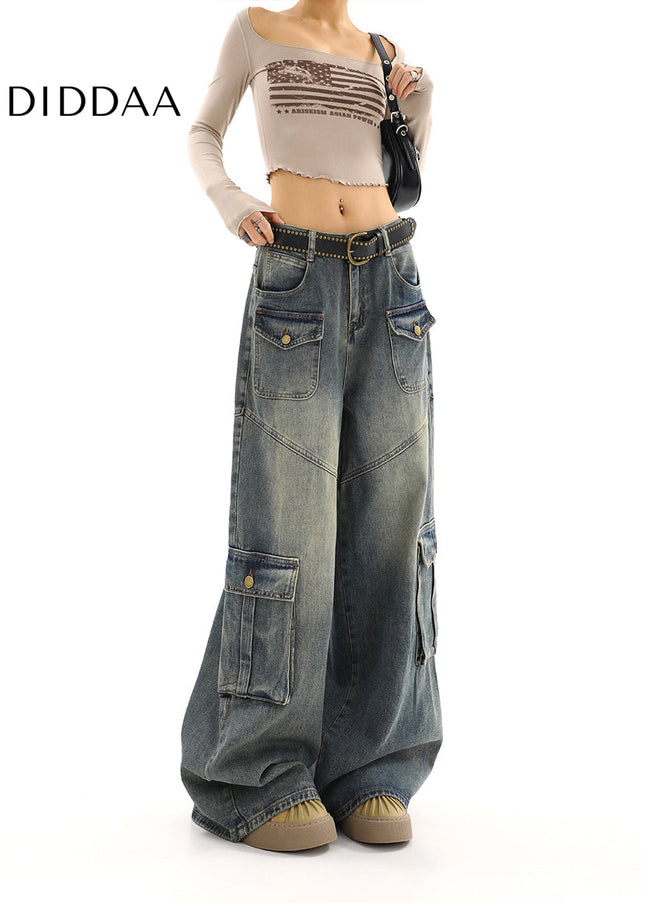 Light Blue Distressed Loose Multi-Pocket Cargo Jeans - Women’s Jeans