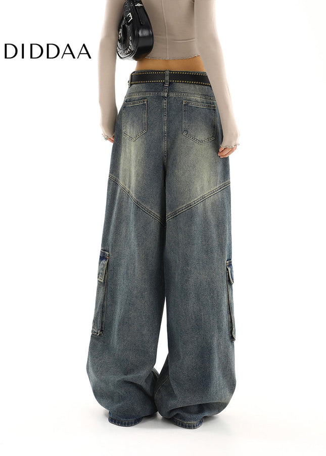 Light Blue Distressed Loose Multi-Pocket Cargo Jeans - Women’s Jeans