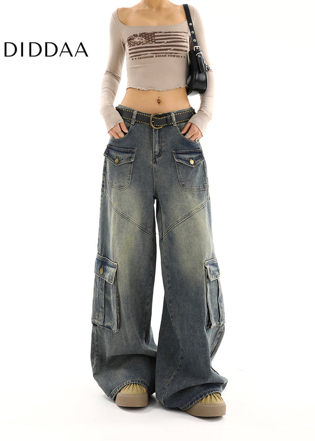 Light Blue Distressed Loose Multi-Pocket Cargo Jeans - Women’s Jeans