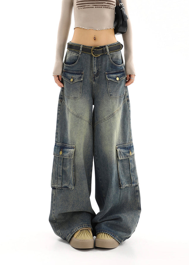 Light Blue Distressed Loose Multi-Pocket Cargo Jeans - Women’s Jeans