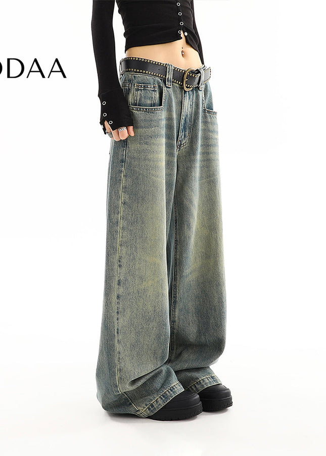 Light Blue Distressed Low-Rise Wide-Leg Jeans - S / Vintage Blue - Women’s Jeans