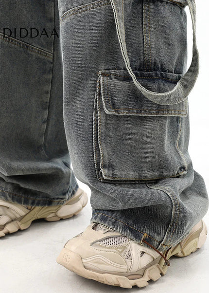 Light Blue Distressed Multi-Pocket Cargo Jeans - Men’s Jeans