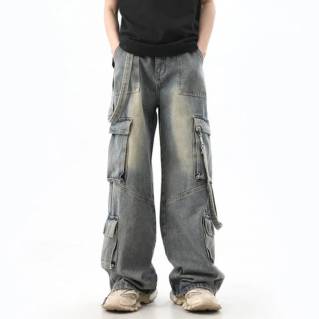 Light Blue Distressed Multi-Pocket Cargo Jeans - S / Vintage Blue - Men’s Jeans