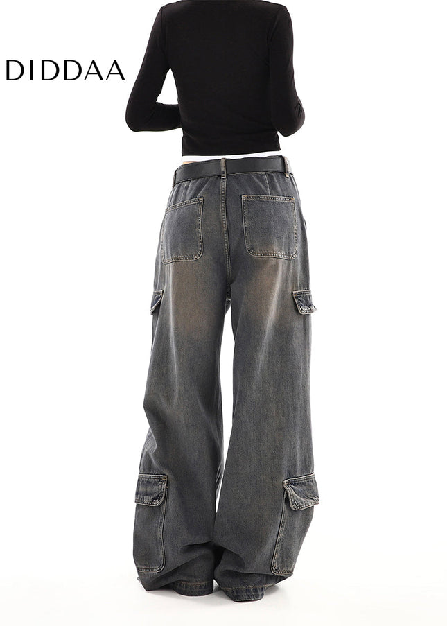 Light Blue Distressed Multi-Pocket Cargo Jeans - Women’s Jeans