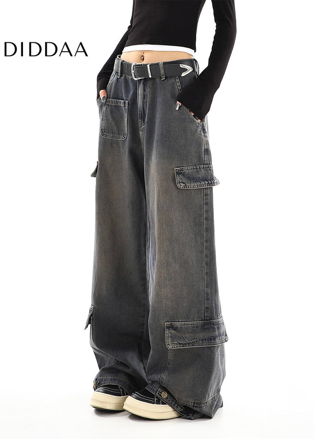 Light Blue Distressed Multi-Pocket Cargo Jeans - Women’s Jeans