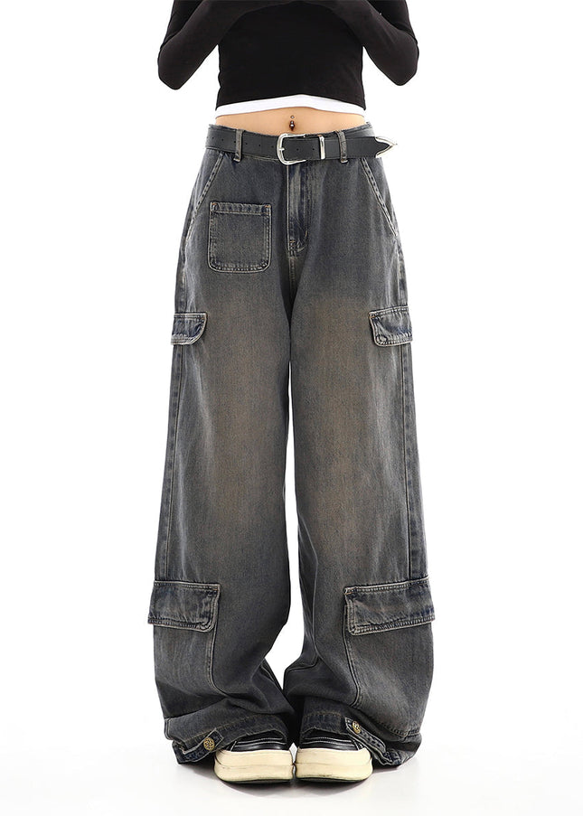 Light Blue Distressed Multi-Pocket Cargo Jeans - Women’s Jeans