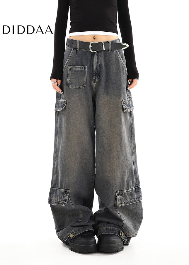 Light Blue Distressed Multi-Pocket Cargo Jeans - Women’s Jeans