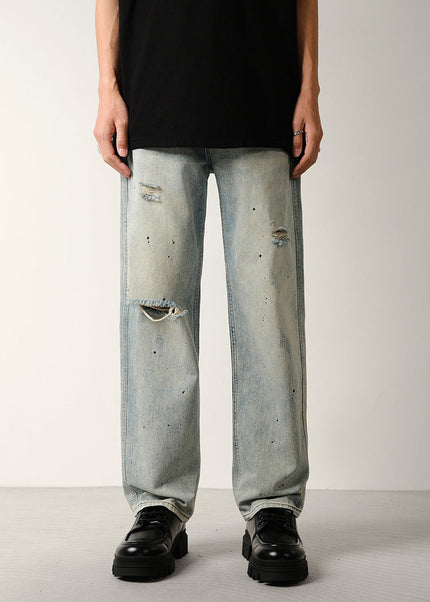 Light Blue Distressed Ripped Jeans with Splash Strokes - 28 / Vintage Blue - Men’s Jeans