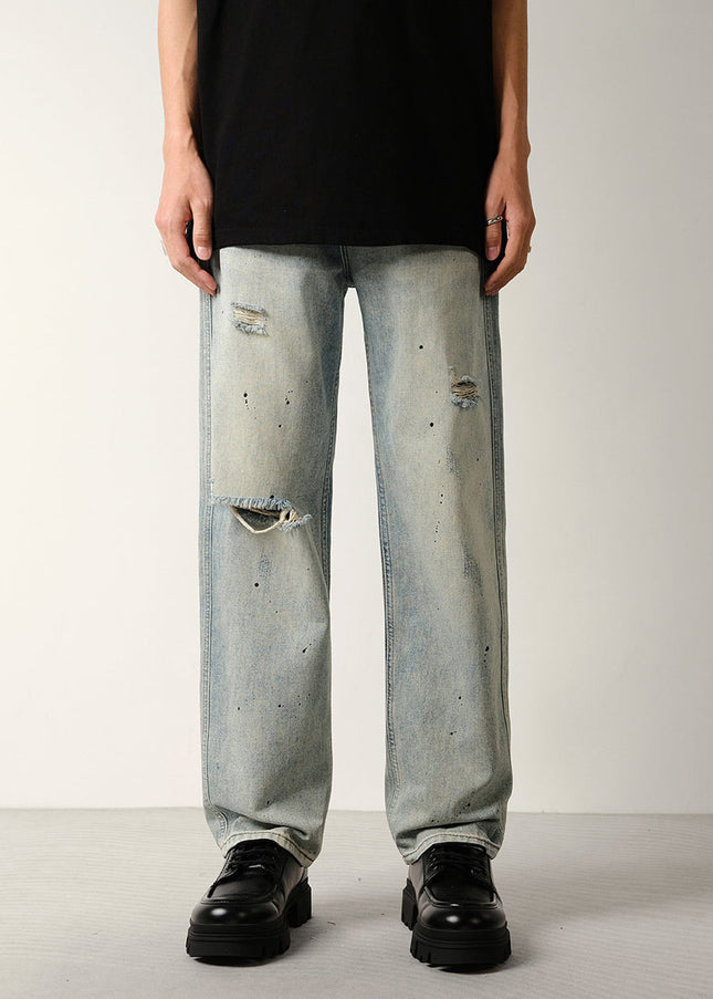 Light Blue Distressed Ripped Jeans with Splash Strokes - 28 / Vintage Blue - Men’s Jeans