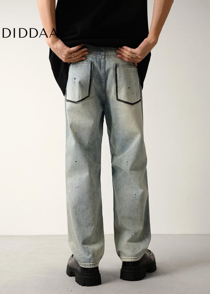 Light Blue Distressed Ripped Jeans with Splash Strokes - Men’s Jeans