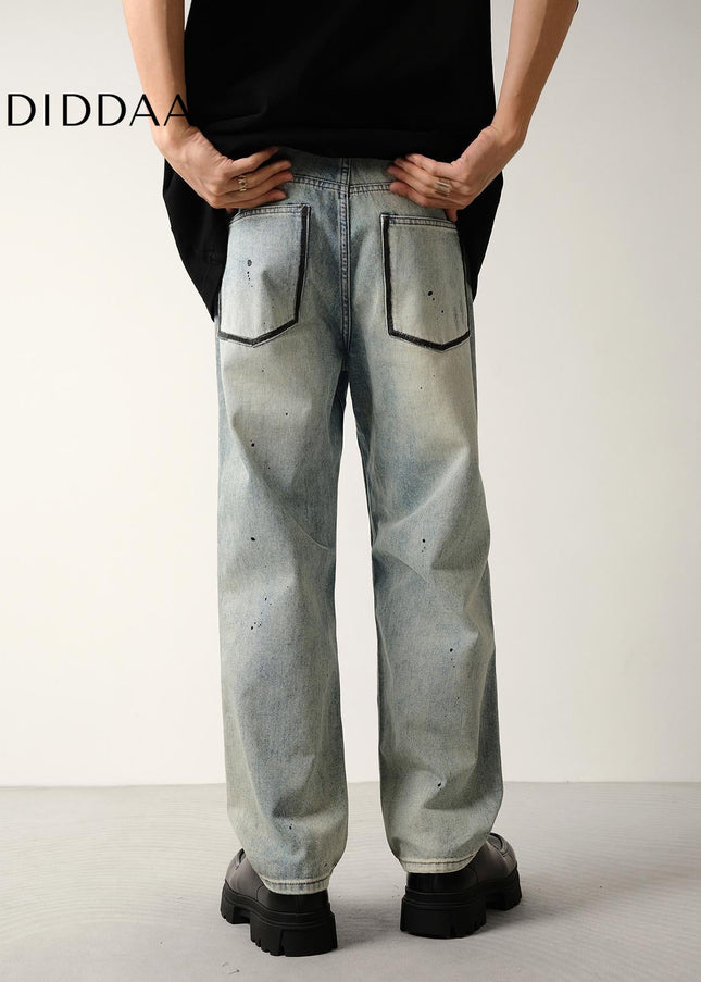 Light Blue Distressed Ripped Jeans with Splash Strokes - Men’s Jeans