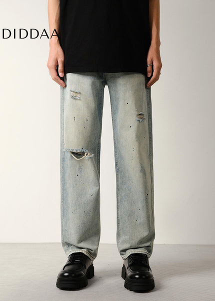 Light Blue Distressed Ripped Jeans with Splash Strokes - Men’s Jeans