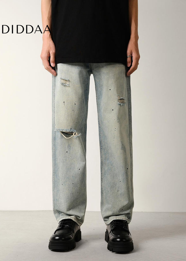 Light Blue Distressed Ripped Jeans with Splash Strokes - Men’s Jeans